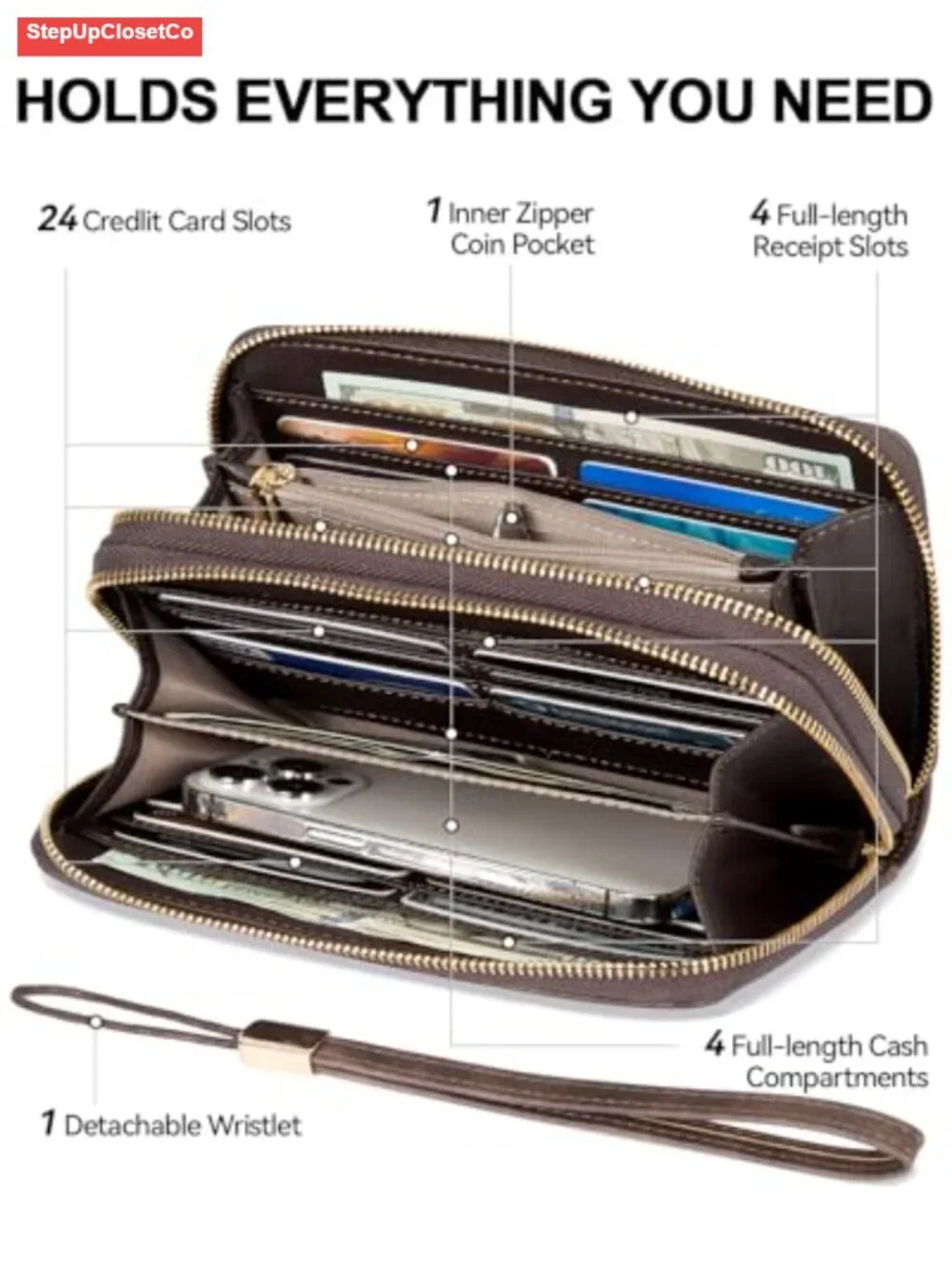 RFID Wristlet Wallet for Women Vegan Leather Double Zipper Large Capacity Clutch